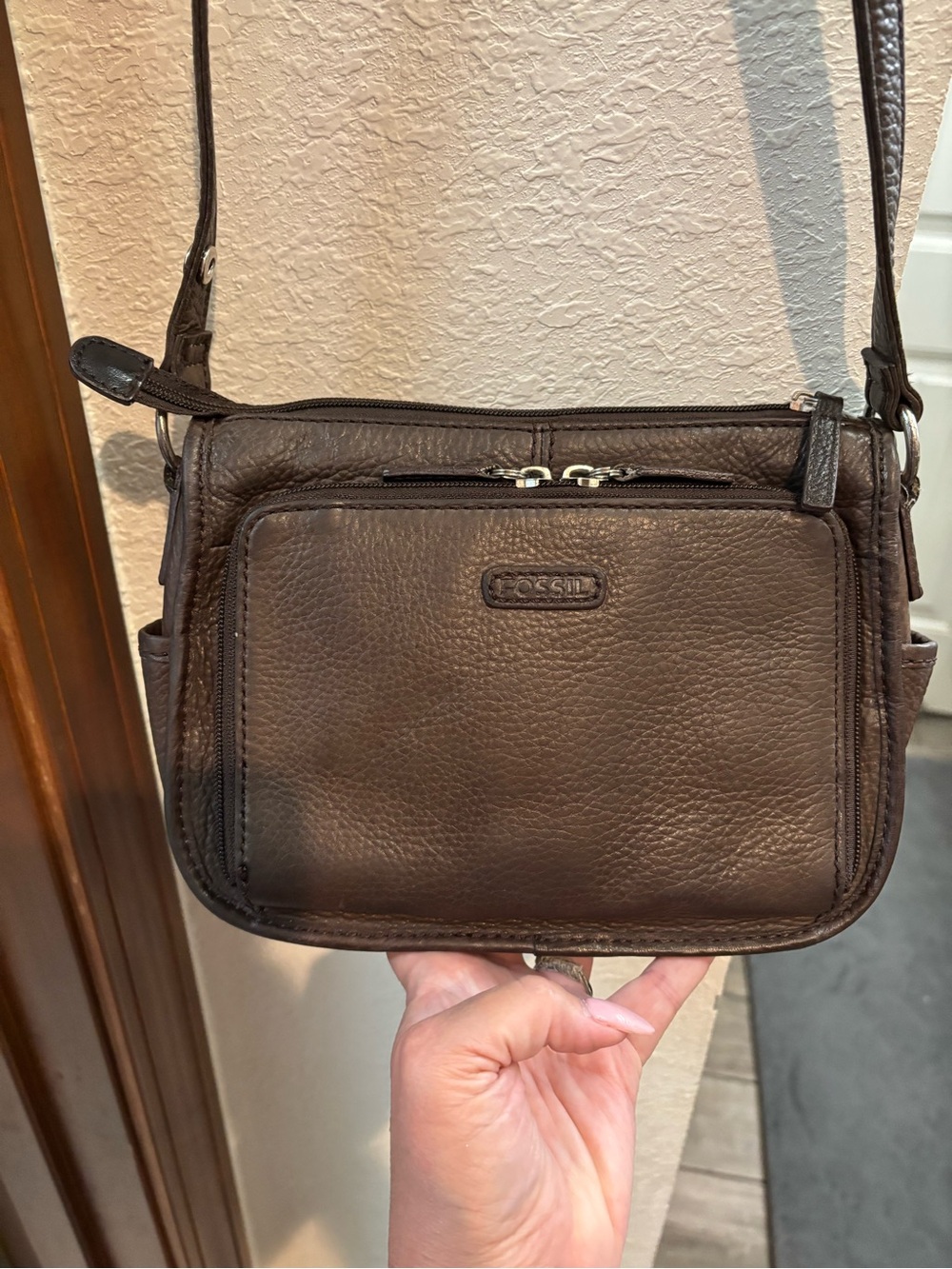 Fossil Dark Brown Pebbled Leather Crossbody Organizer Bag
